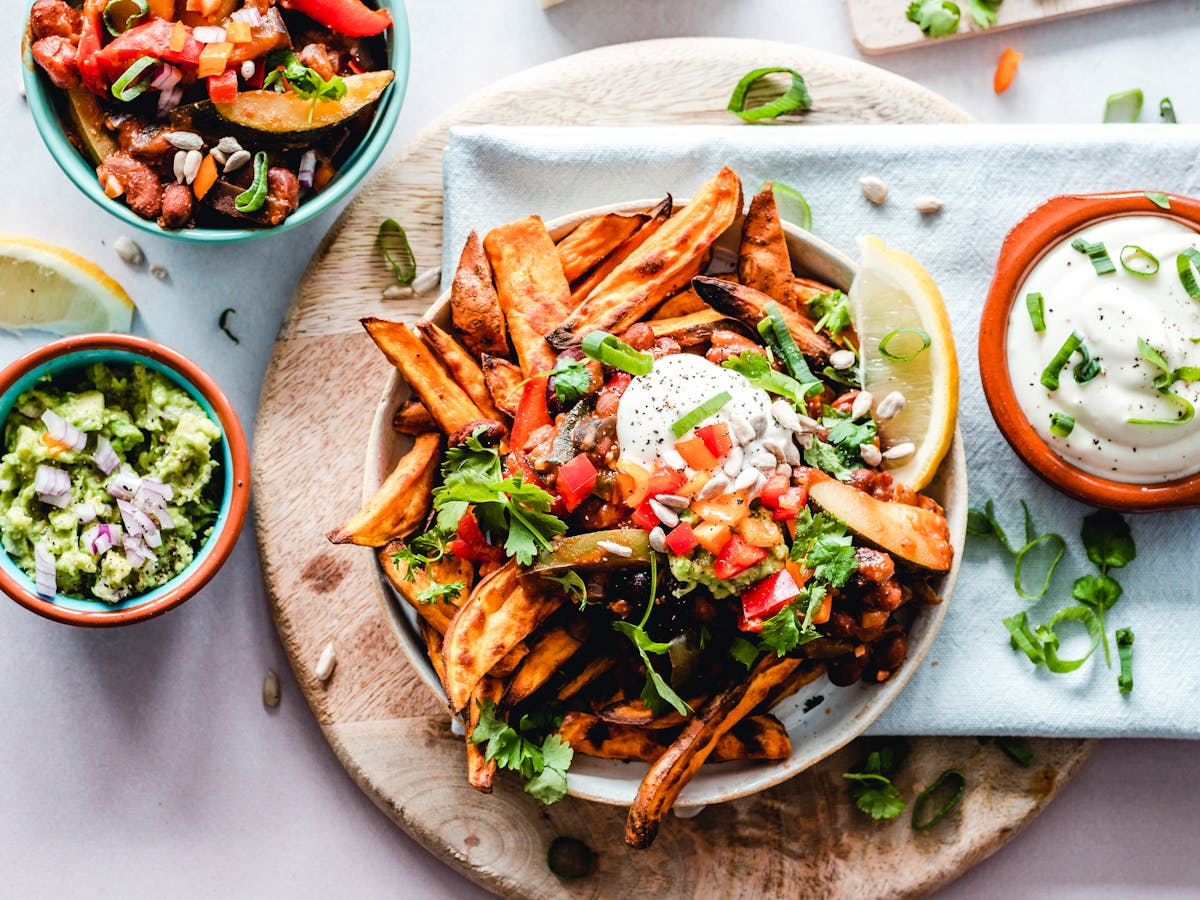 Delicious sweet potato salat bowl with fresh ingredients